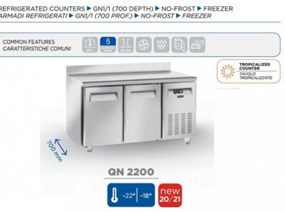 Tavolo refrigerato QN 2200 inox, negativo - 18/-22°.